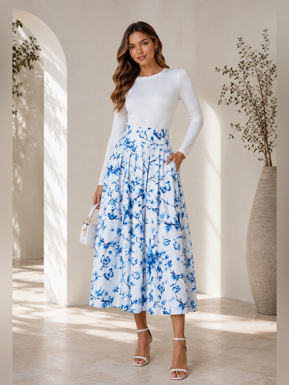Blue & White Midi Skirt with Pockets • Size Medium